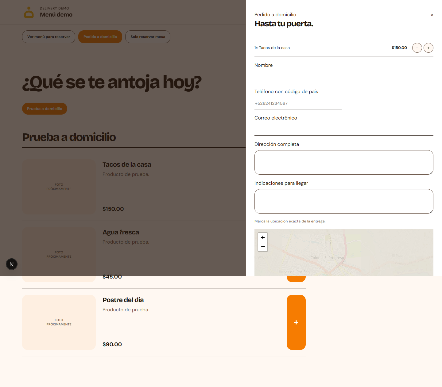 Formulario real demo de pedidos a domicilio, con contacto, dirección y ubicación de entrega