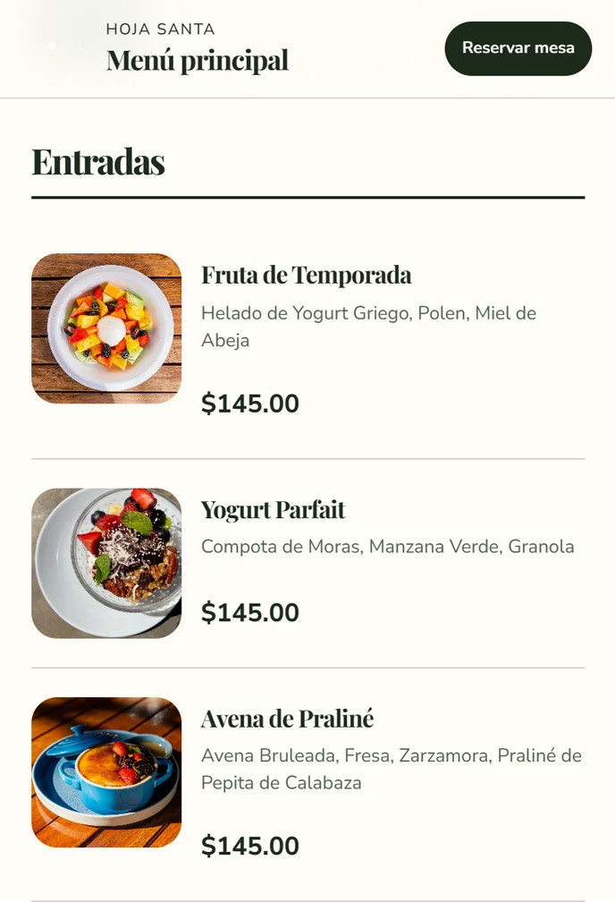 Menú real de Hoja Santa en Ding Ding: fotografías, platillos y acceso a reservar mesa